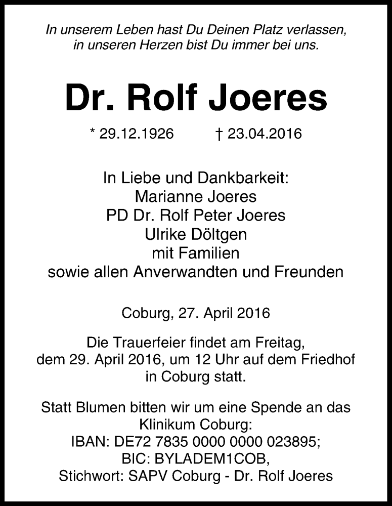  Traueranzeige für Rolf Joeres vom 27.04.2016 aus MGO