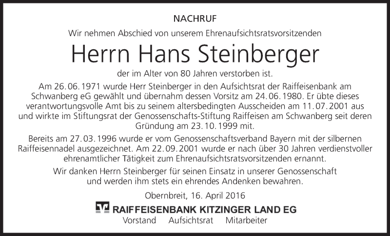  Traueranzeige für Hans Steinberger vom 16.04.2016 aus MGO