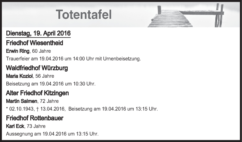  Traueranzeige für Totentafel vom 19.04.2016 vom 19.04.2016 aus MGO