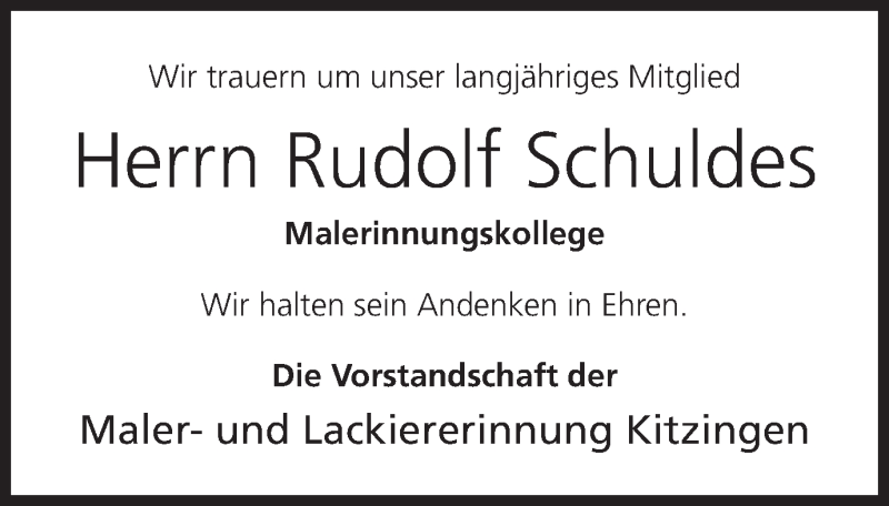  Traueranzeige für Rudolf Schuldes vom 13.04.2016 aus MGO