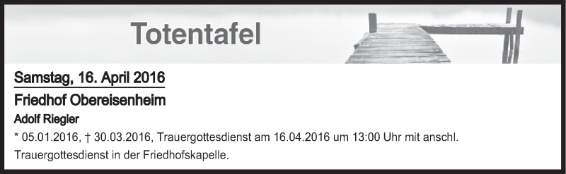  Traueranzeige für Totentafel vom 16.04.2016 vom 16.04.2016 aus MGO