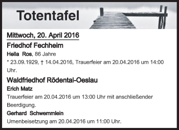 Anzeige von Totentafel vom 20.04.2016 von MGO