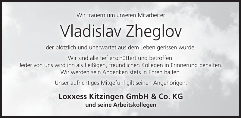  Traueranzeige für Vladislav Zheglov vom 28.04.2016 aus MGO