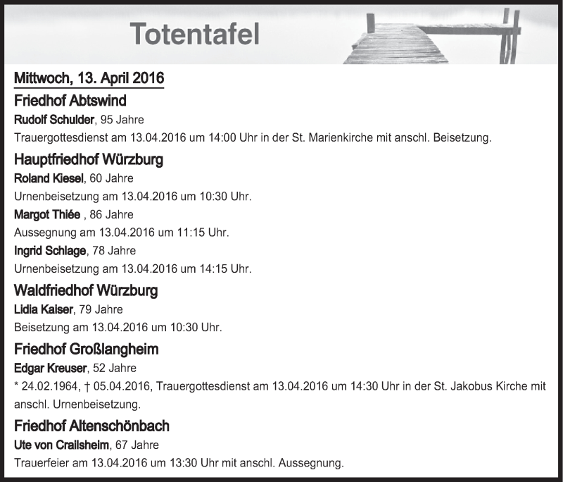  Traueranzeige für Totentafel vom 13.04.2016 vom 13.04.2016 aus MGO
