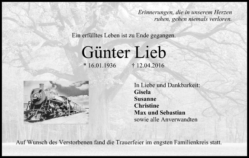  Traueranzeige für Günter Lieb vom 16.04.2016 aus MGO