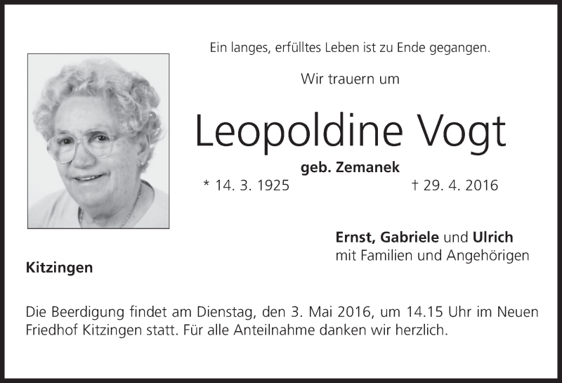  Traueranzeige für Leopoldine Vogt vom 30.04.2016 aus MGO
