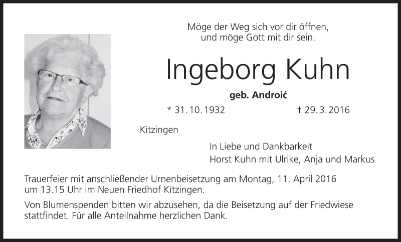  Traueranzeige für Ingeborg Kuhn vom 07.04.2016 aus MGO