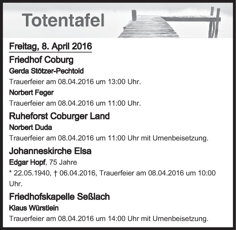  Traueranzeige für Totentafel vom 08.04.2016 vom 08.04.2016 aus MGO