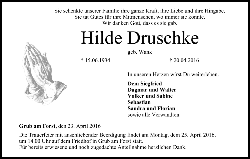  Traueranzeige für Hilde Druschke vom 23.04.2016 aus MGO