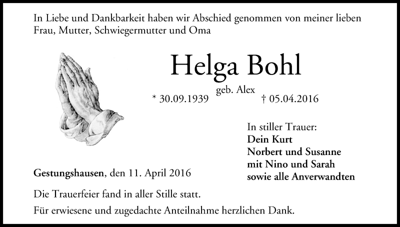  Traueranzeige für Helga Bohl vom 11.04.2016 aus MGO