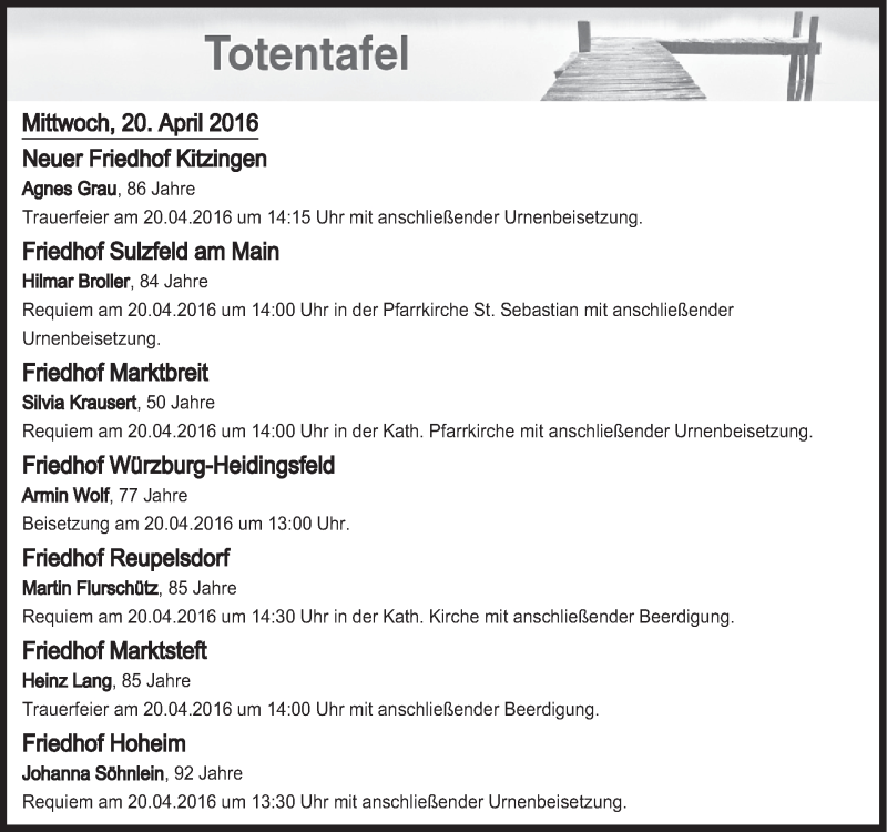  Traueranzeige für Totentafel vom 20.04.2016 vom 20.04.2016 aus MGO