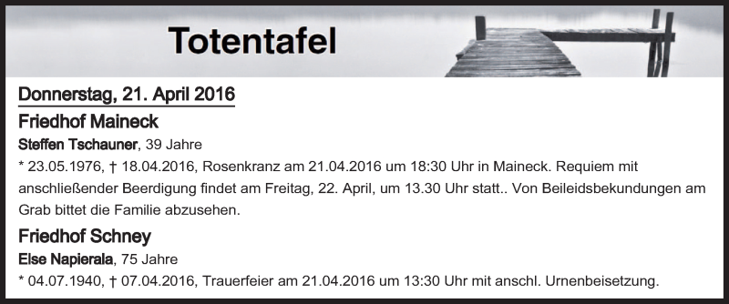  Traueranzeige für Totentafel vom 21.04.2016 vom 21.04.2016 aus MGO