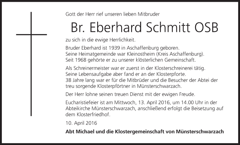  Traueranzeige für Eberhard Schmitt vom 12.04.2016 aus MGO