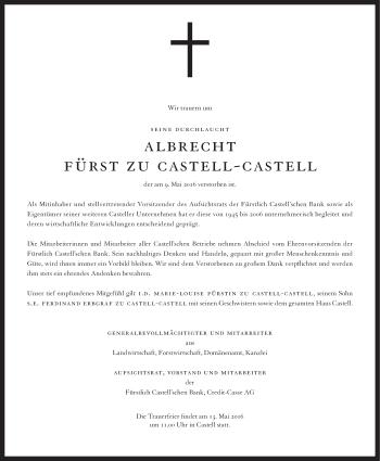 Anzeige von Albrecht Friedrich Carl Fürst zu Castell-Castell von MGO