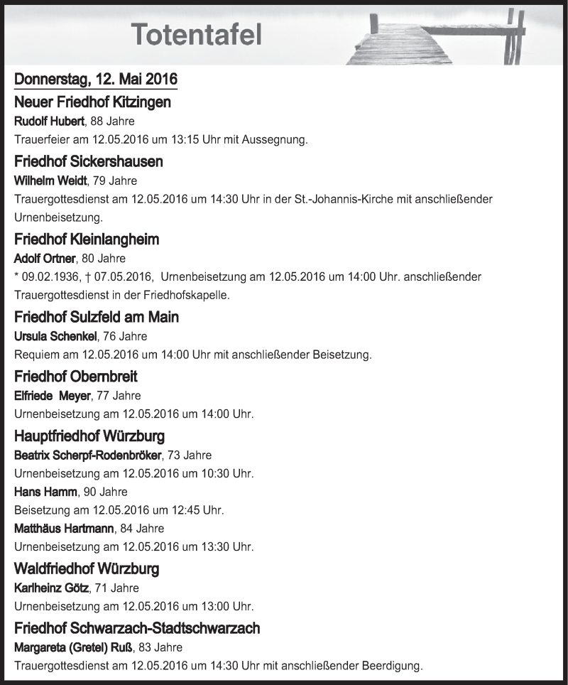  Traueranzeige für Totentafel vom 12.05.2016 vom 12.05.2016 aus MGO