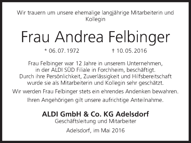  Traueranzeige für Andrea Felbinger vom 23.05.2016 aus MGO