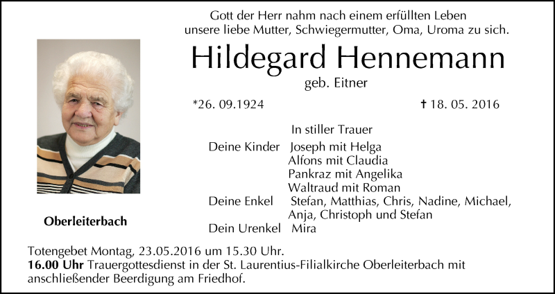  Traueranzeige für Hildegard Hennemann vom 21.05.2016 aus MGO