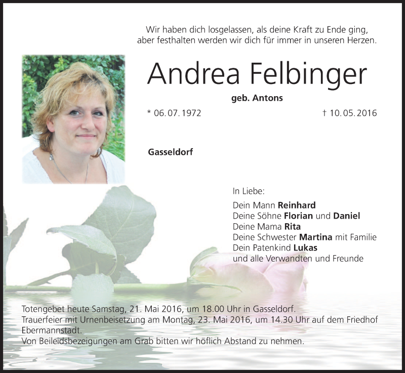  Traueranzeige für Andrea Felbinger vom 21.05.2016 aus MGO