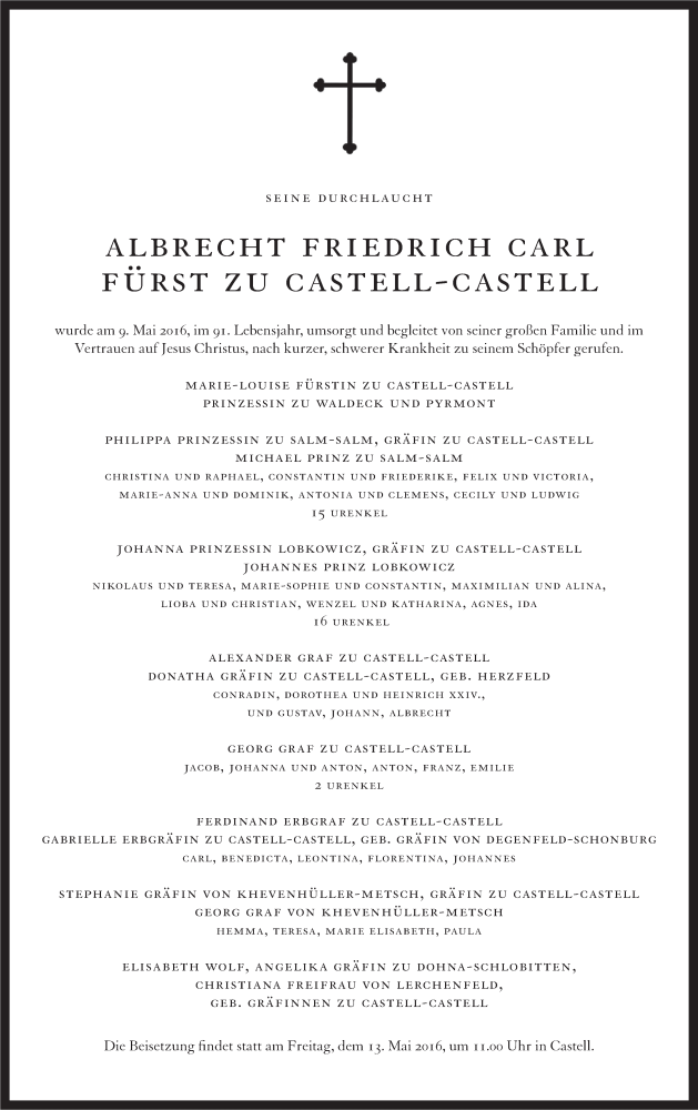  Traueranzeige für Albrecht Friedrich Carl Fürst zu Castell-Castell vom 12.05.2016 aus MGO
