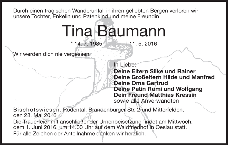  Traueranzeige für Tina Baumann vom 28.05.2016 aus MGO