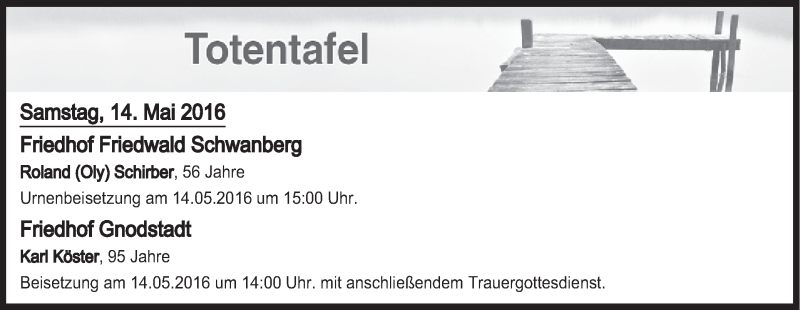  Traueranzeige für Totentafel vom 14.05.2016 vom 14.05.2016 aus MGO