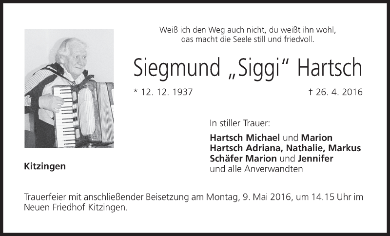  Traueranzeige für Siegmund Hartsch vom 07.05.2016 aus MGO