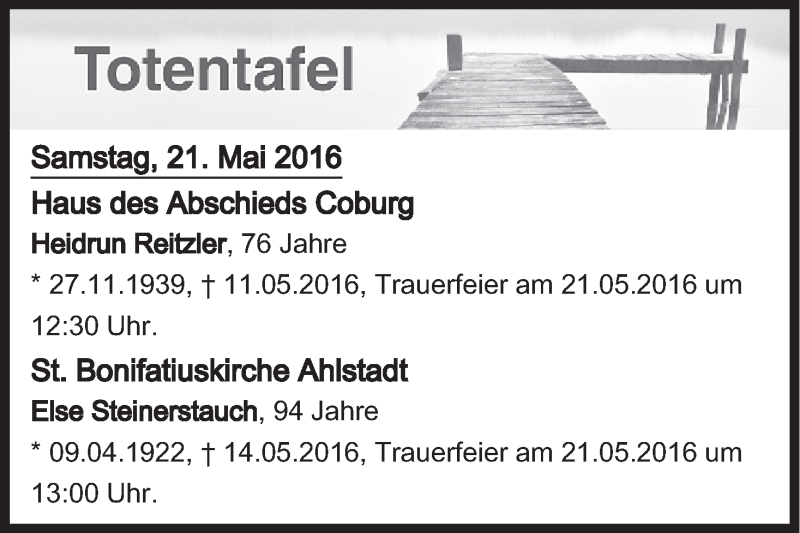  Traueranzeige für Totentafel vom 21.05.2016 vom 21.05.2016 aus MGO