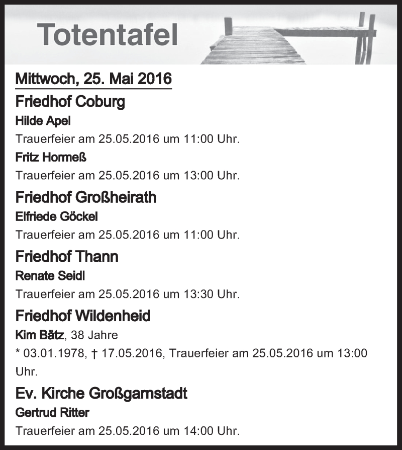  Traueranzeige für Totentafel vom 25.05.2016 vom 25.05.2016 aus MGO