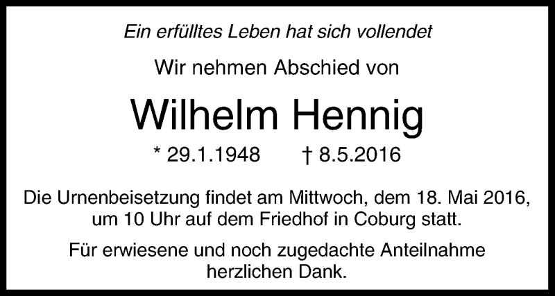  Traueranzeige für Wilhelm Hennig vom 14.05.2016 aus MGO