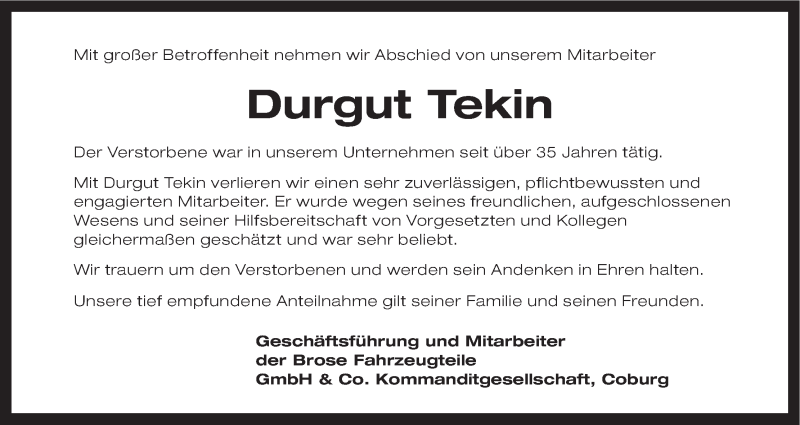  Traueranzeige für Durgut Tekin vom 21.05.2016 aus MGO