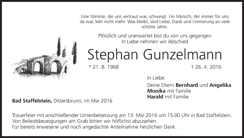  Traueranzeige für Stephan Gunzelmann vom 10.05.2016 aus MGO
