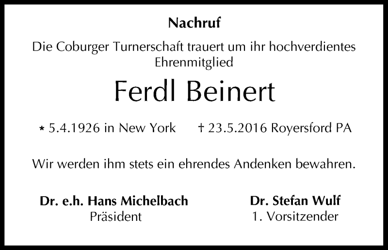  Traueranzeige für Ferdl Beinert vom 28.05.2016 aus MGO