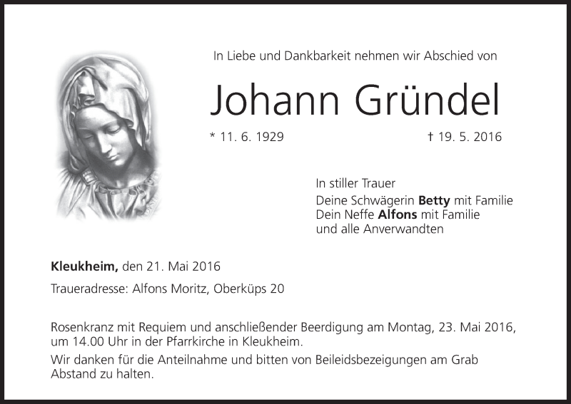  Traueranzeige für Johann Gründel vom 21.05.2016 aus MGO