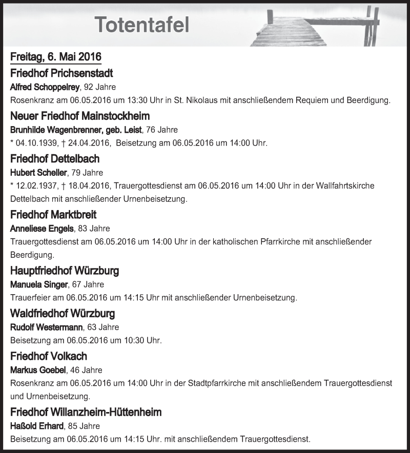  Traueranzeige für Totentafel vom 06.05.2016 vom 06.05.2016 aus MGO