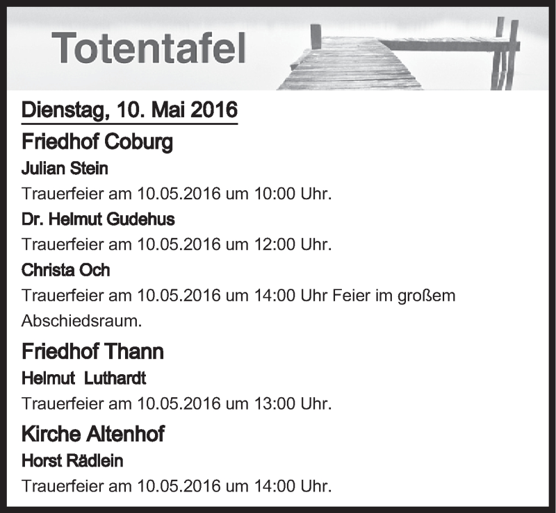  Traueranzeige für Totentafel vom 10.05.2016 vom 10.05.2016 aus MGO