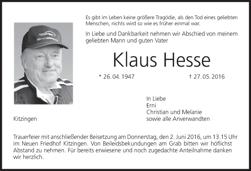  Traueranzeige für Klaus Hesse vom 31.05.2016 aus MGO