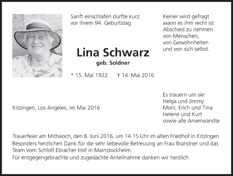  Traueranzeige für Lina Schwarz vom 25.05.2016 aus MGO