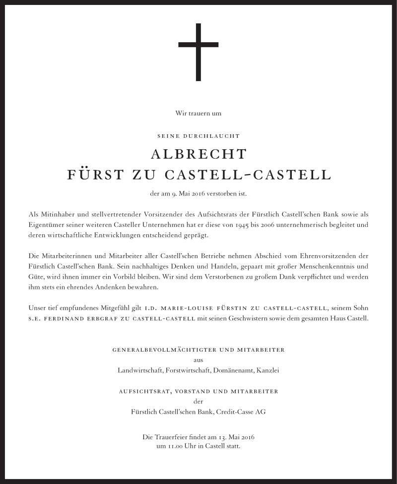  Traueranzeige für Albrecht Friedrich Carl Fürst zu Castell-Castell vom 12.05.2016 aus MGO