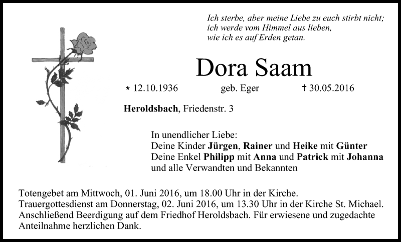  Traueranzeige für Dora Saam vom 31.05.2016 aus MGO