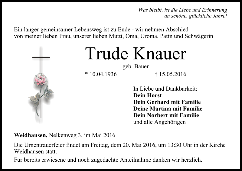  Traueranzeige für Trude Knauer vom 18.05.2016 aus MGO