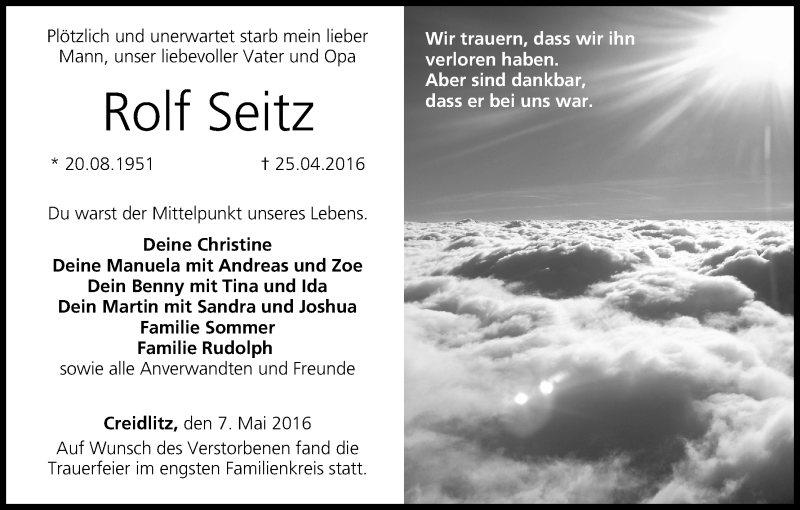  Traueranzeige für Rolf Seitz vom 07.05.2016 aus MGO