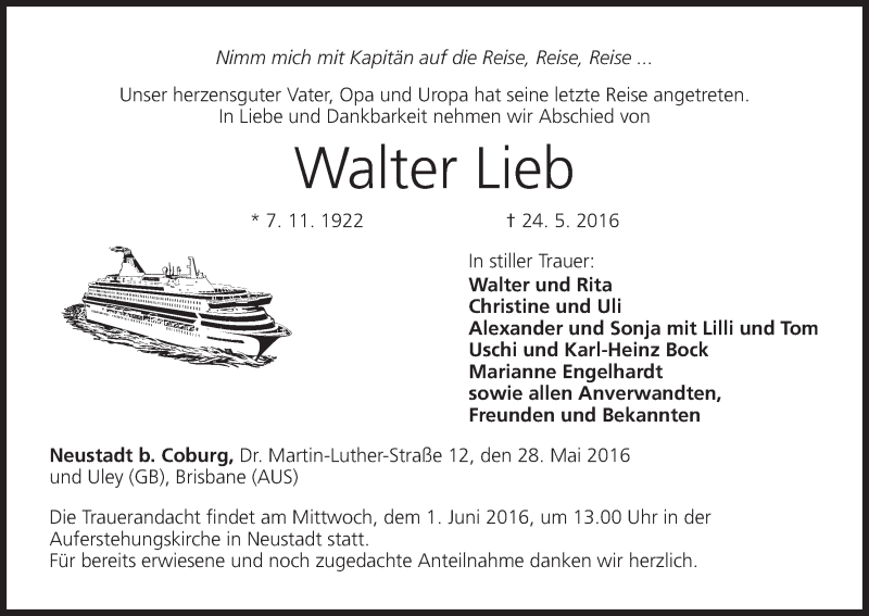  Traueranzeige für Walter Lieb vom 28.05.2016 aus MGO