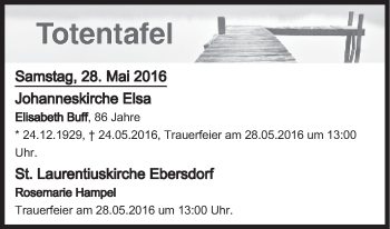 Anzeige von Totentafel vom 28.05.2016 von MGO