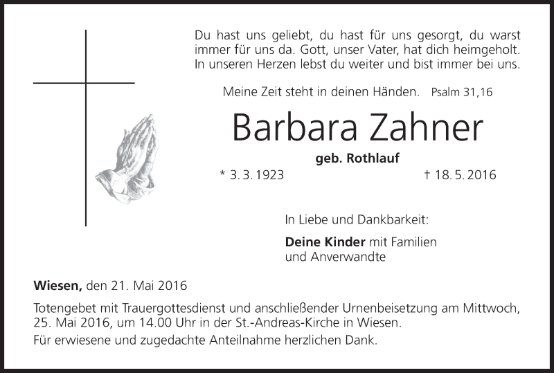  Traueranzeige für Barbara Zahner vom 21.05.2016 aus MGO
