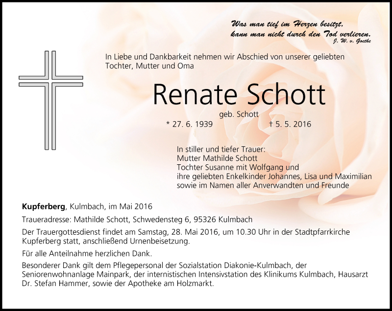  Traueranzeige für Renate Schott vom 21.05.2016 aus MGO