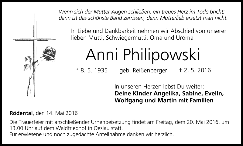  Traueranzeige für Anni Philipowski vom 14.05.2016 aus MGO