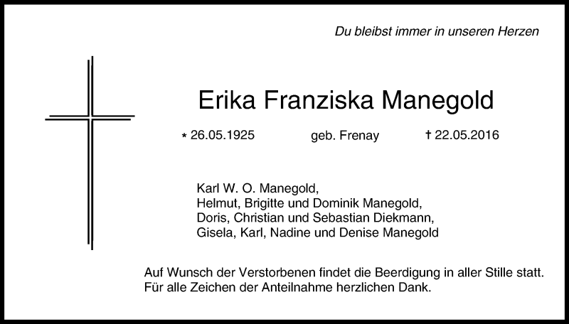  Traueranzeige für Erika Franziska Manegold vom 25.05.2016 aus MGO