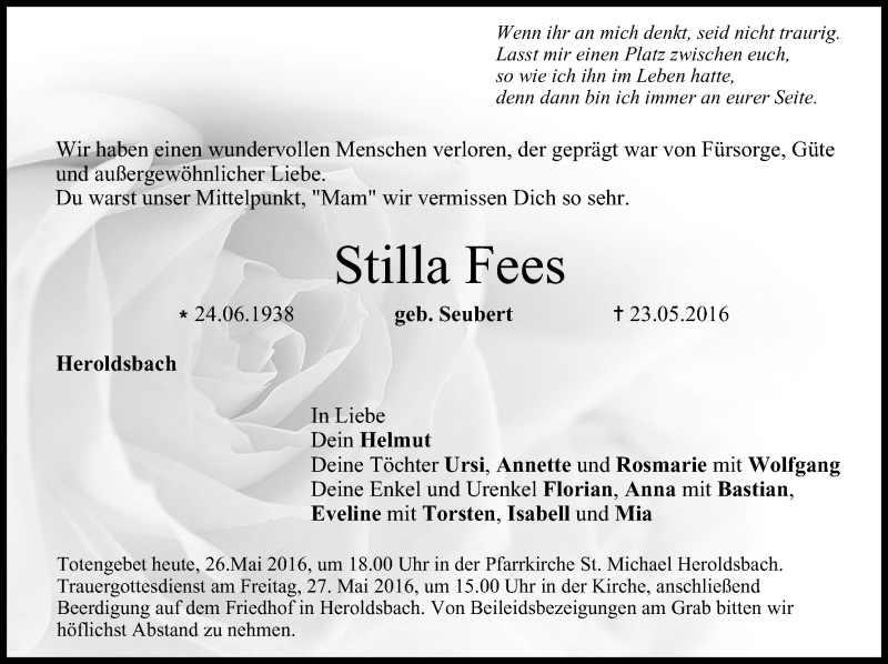  Traueranzeige für Stilla Fees vom 26.05.2016 aus MGO