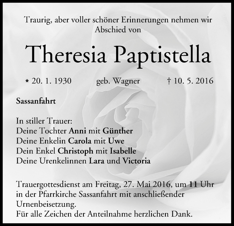  Traueranzeige für Theresia Paptistella vom 23.05.2016 aus MGO