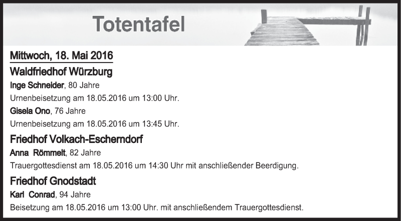  Traueranzeige für Totentafel vom 18.05.2016 vom 18.05.2016 aus MGO